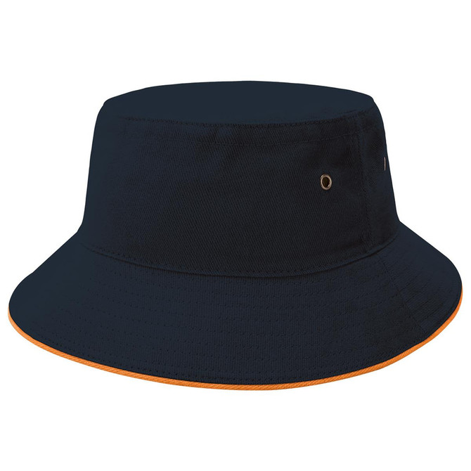 A navy bucket hat with an orange trim and eyelets, featuring a logo on the side.