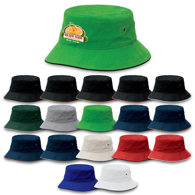 A range of bucket hats in various colours, including green, black, navy, white, and red, with a logo on one.