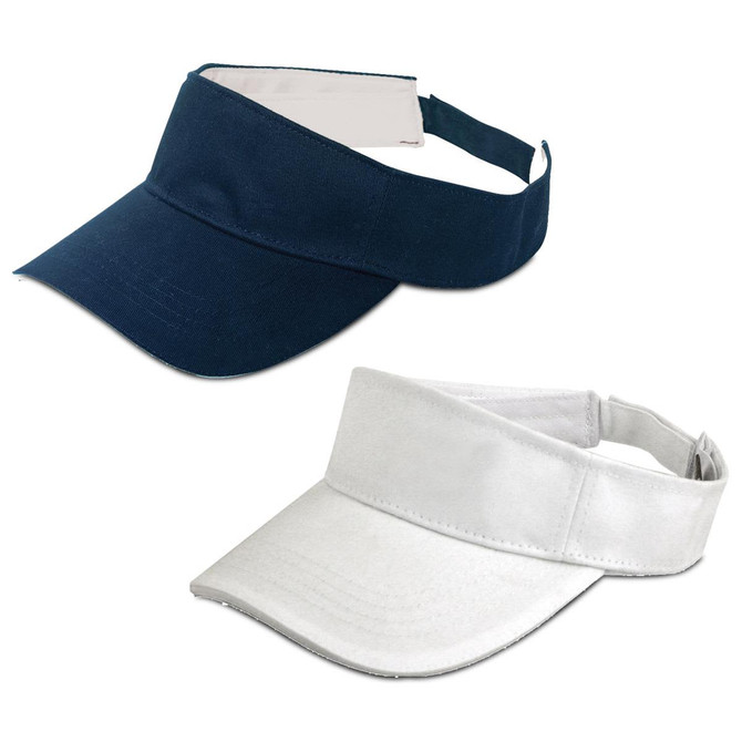 A navy blue and white visor with an adjustable strap, featuring a logo on the front.