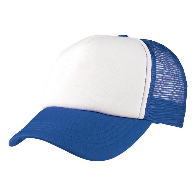 A blue and white Foam Mesh Trucker cap with a mesh back and a curved brim, featuring a logo.