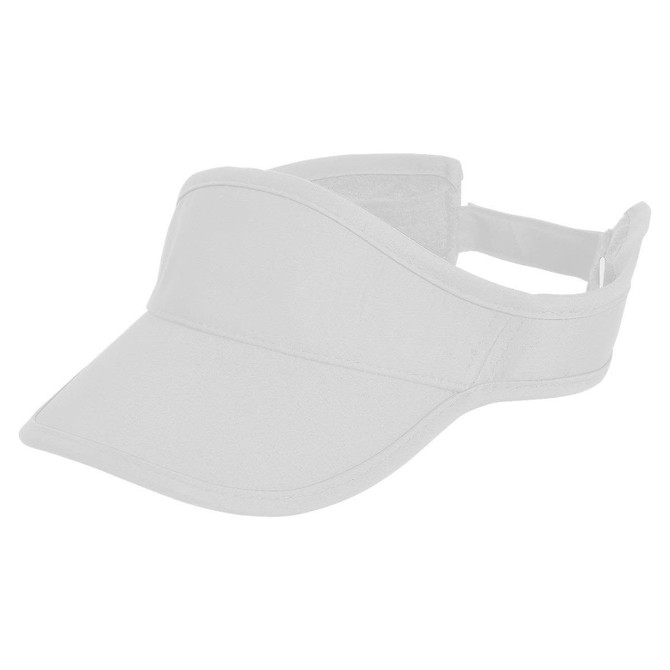 A white sports visor featuring a curved brim and adjustable strap. It includes a logo on the band.
