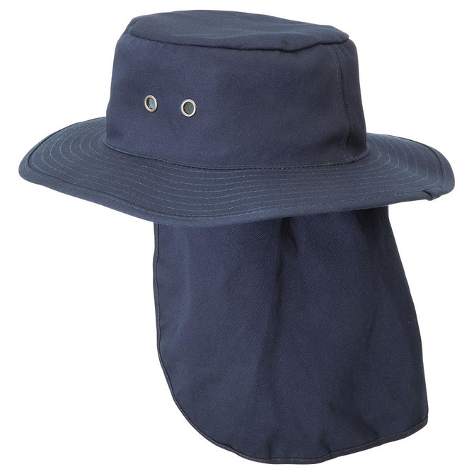 A navy blue hat with a wide brim and rear neck flap, featuring two ventilation eyelets. It has a branding logo.