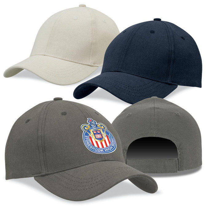 Various caps in beige, navy, and olive green, featuring a logo on one of the hats.