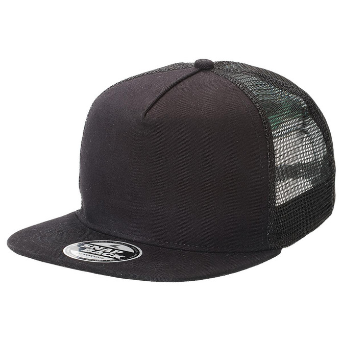 A black trucker cap with a flat peak and mesh back, featuring a logo on the front.