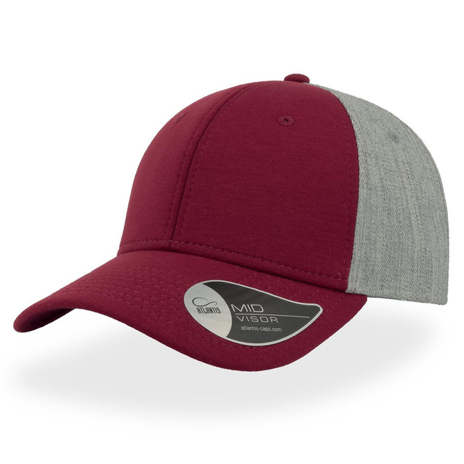 A maroon and grey cap with a mid visor and a logo on the side.