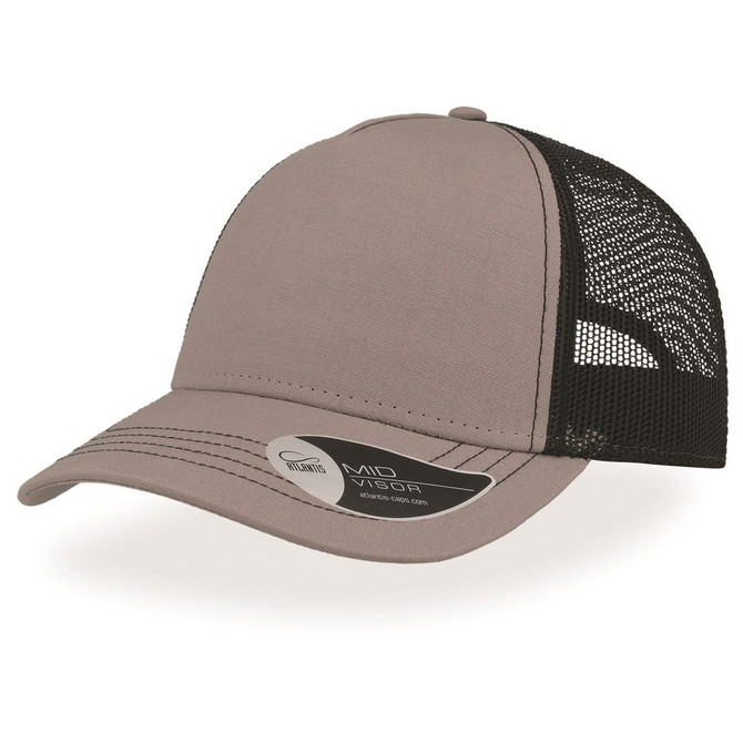A beige cap with a black mesh back and a mid visor, featuring a logo on the side.