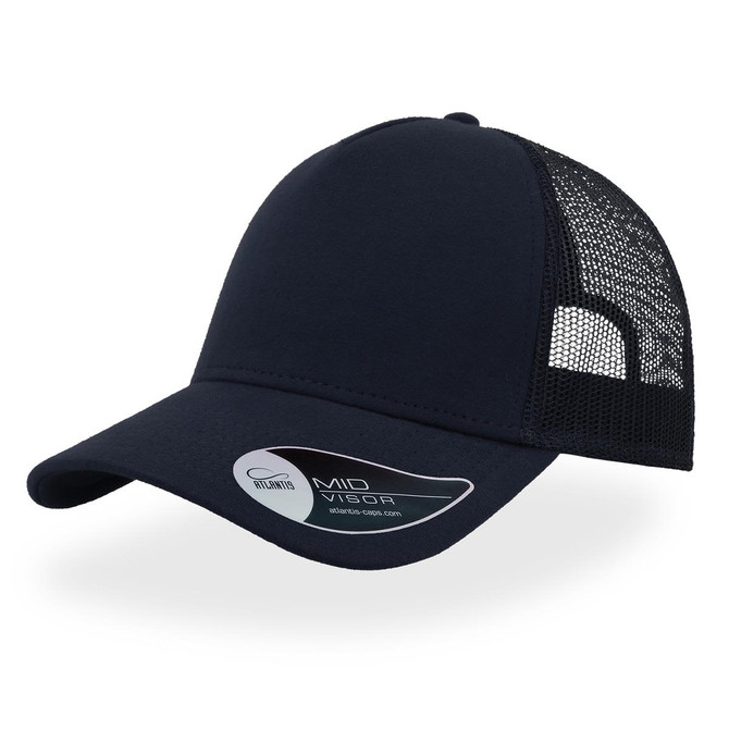 A navy blue trucker cap with a solid front and mesh back. It features a logo on the side.
