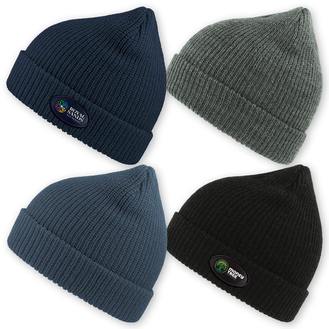 A set of four woolly beanies in navy blue, olive green, teal, and black, each featuring a logo.