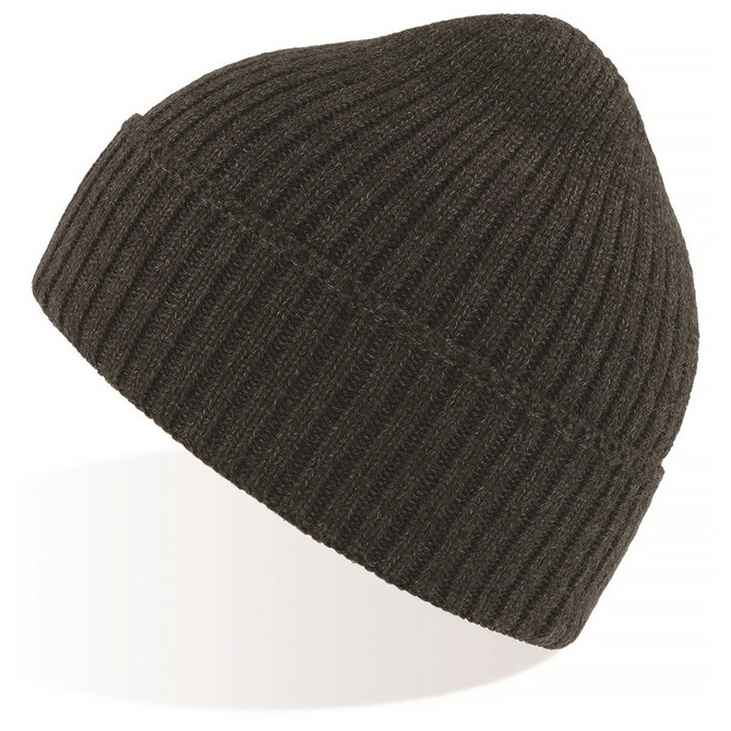 A black ribbed beanie with a snug fit and a simple design, featuring a logo on one side.