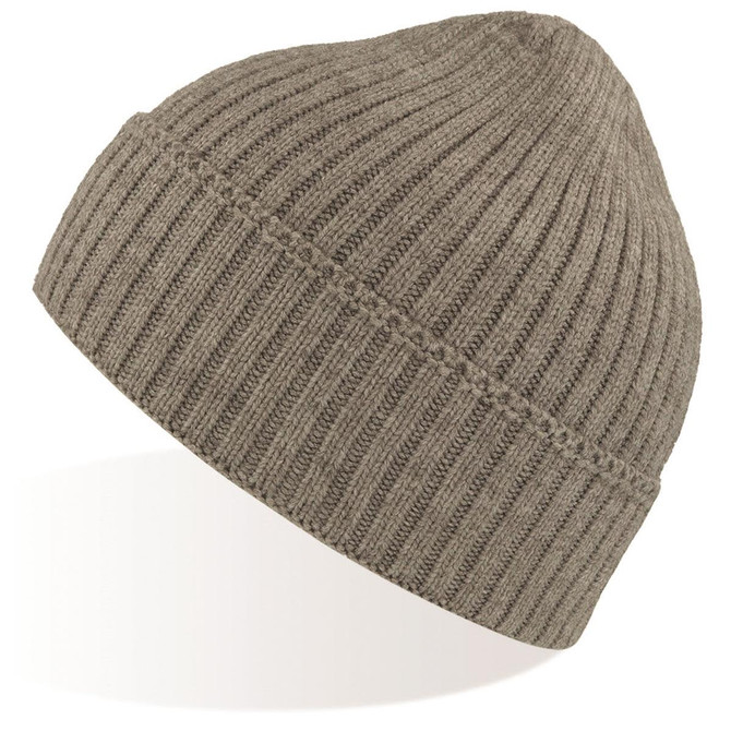 A taupe beanie with a ribbed texture and a small logo on the side, featuring a snug fit.