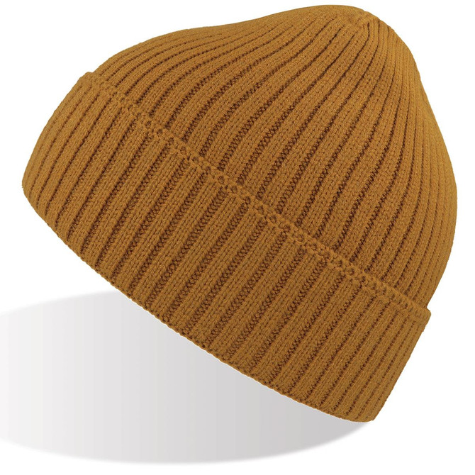 A mustard yellow beanie with a ribbed texture and a folded brim. It features a logo on the side.