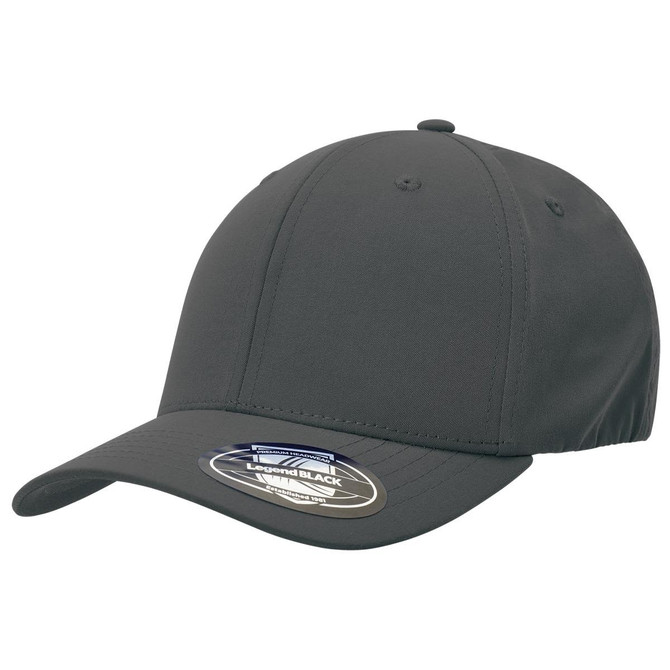 A grey cap with a curved brim and an adjustable back, featuring a logo on the side.