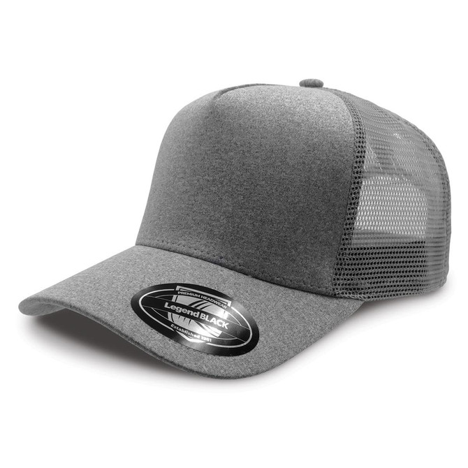 A grey trucker cap with a solid front and a mesh back, featuring a logo on the tag.