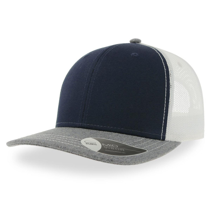 A navy blue and grey trucker cap with a mesh back and a branded label on the underside of the visor.