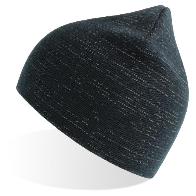 A dark green beanie with a textured pattern, featuring a pointed crown and a logo.
