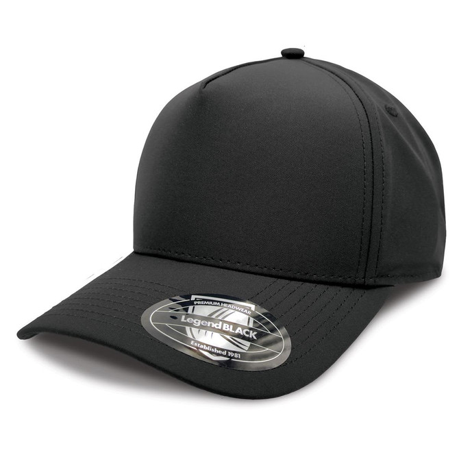 A black cap with a curved brim, featuring a logo and a fitted design.