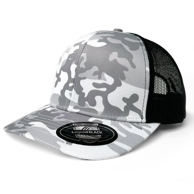 A grey and white camo trucker cap with a black mesh back and a logo on the front.