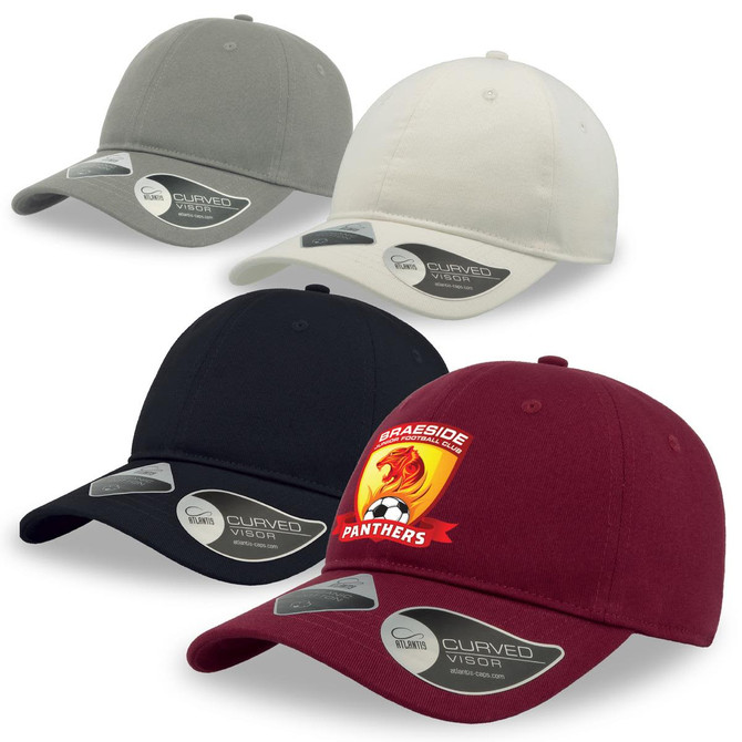 Four caps in various colours: beige, black, maroon, and grey, featuring a logo on the maroon cap.