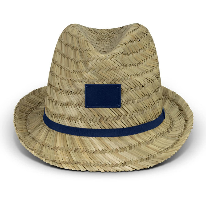 A straw fedora hat features a wide brim and a navy band, with a blank area for branding.