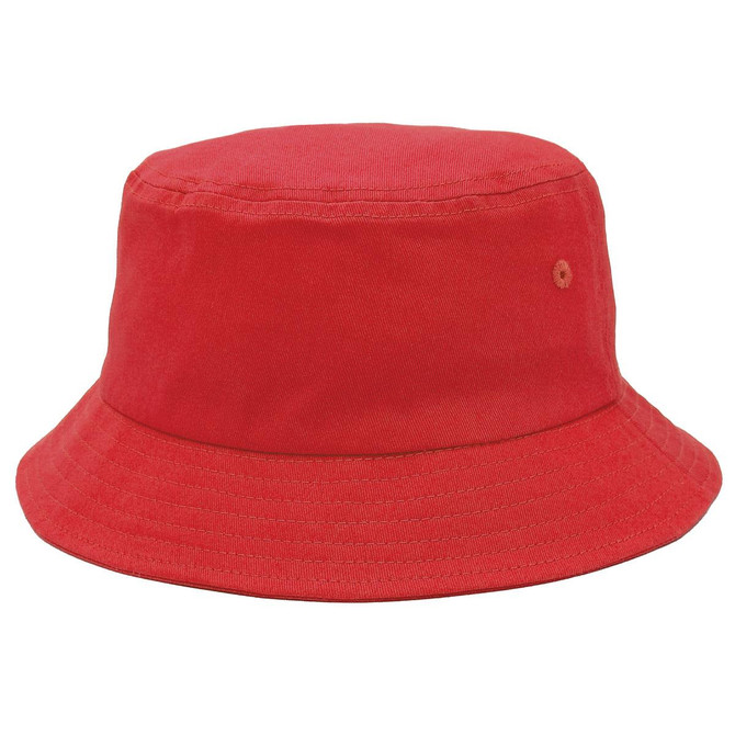 A red bucket hat with a wide brim and a subtle logo detail. Suitable for casual wear.