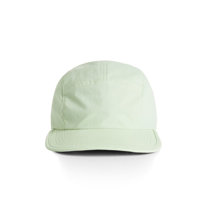 A light green nylon cap featuring a structured front and a curved brim, with a logo on the side.