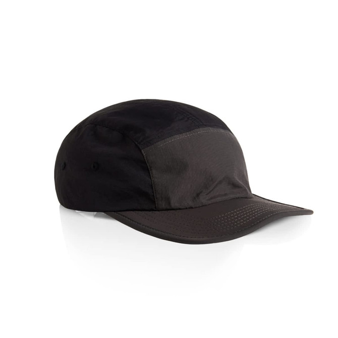 A two-tone nylon cap in black and dark grey with a curved brim and a logo on the side.