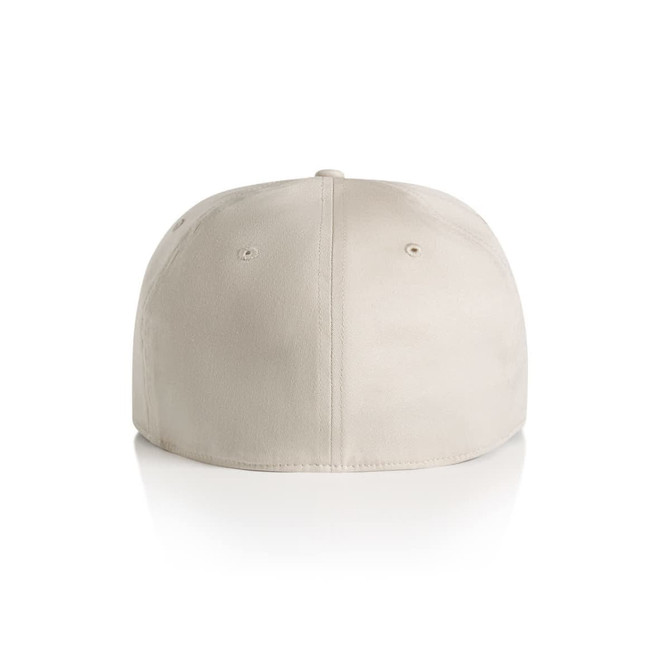 A beige cap featuring a smooth finish and a logo on the back.