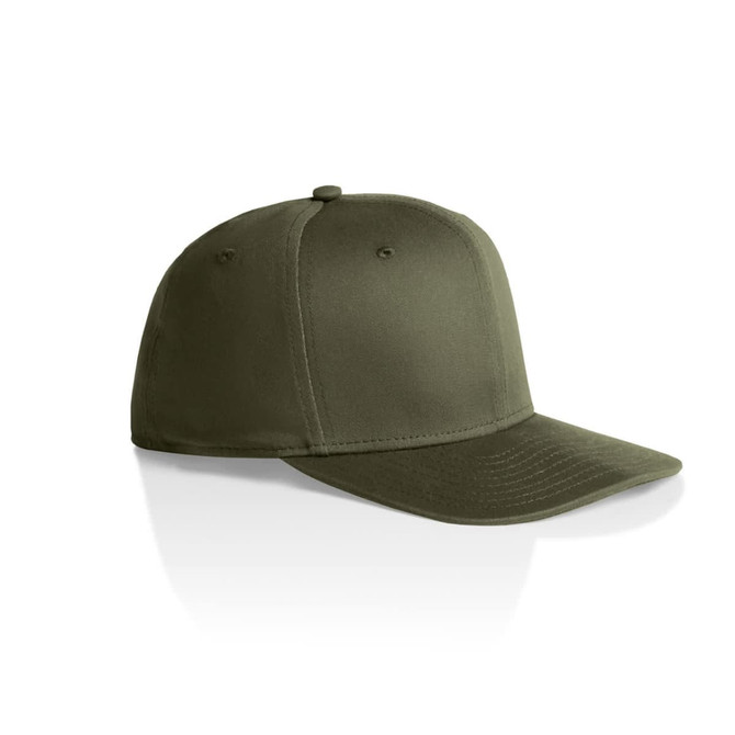 An olive green Stock Flex Cap with a structured front and curved brim. It features a logo on the side.