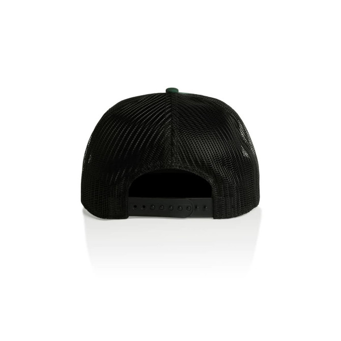 A black trucker cap featuring a mesh back and an adjustable strap, showcasing a simple design with no visible branding.