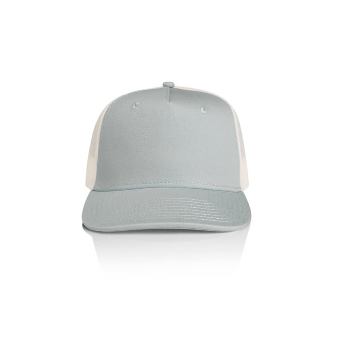 A grey and white trucker cap featuring a blank front panel and a curved brim, complete with a logo.