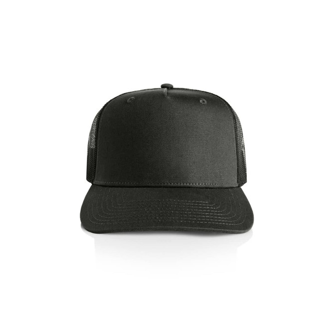 A black trucker cap with a solid front and mesh sides, featuring an adjustable strap at the back and a logo.