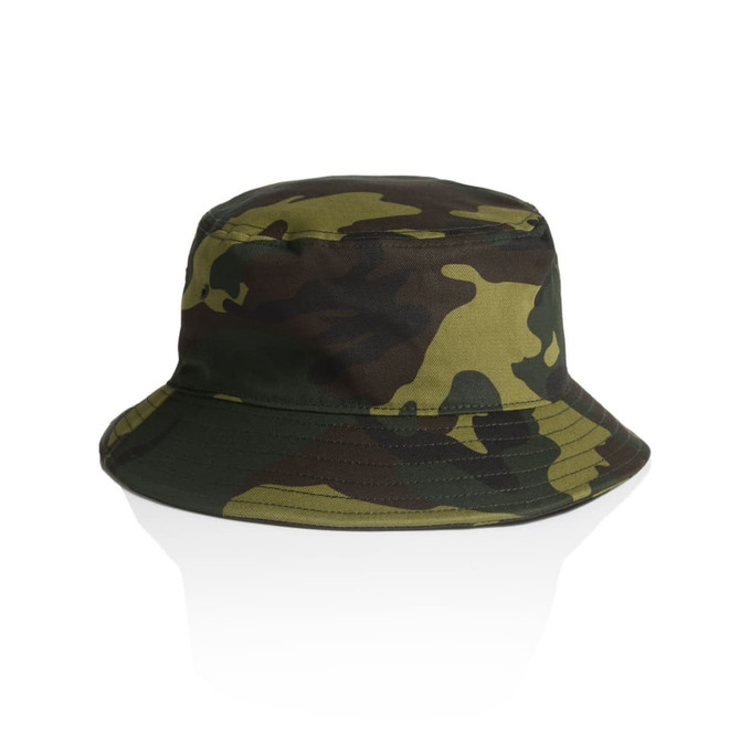 A camo bucket hat featuring green and brown camouflage patterns, with a wide brim and no visible branding.