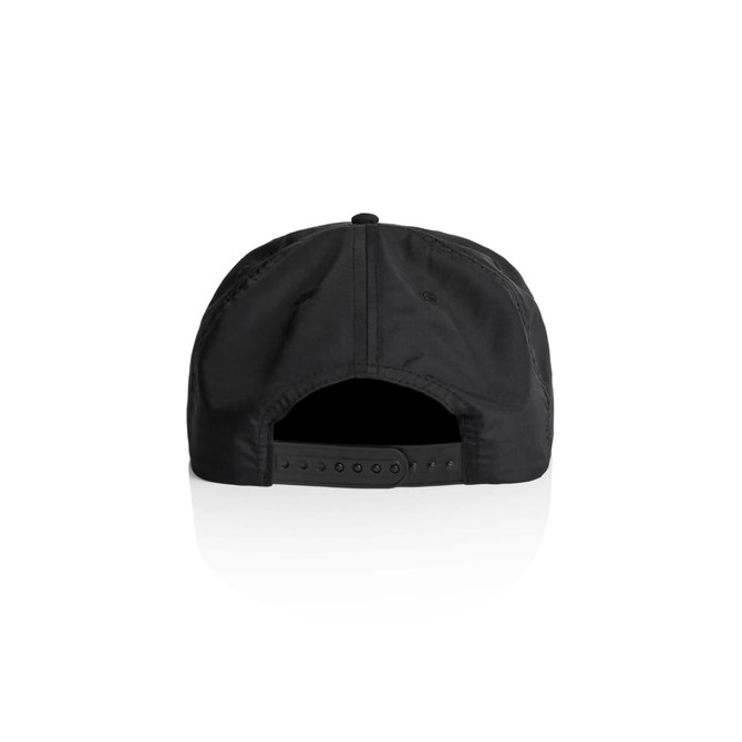 A black cap featuring a strap at the back and a logo on the side.