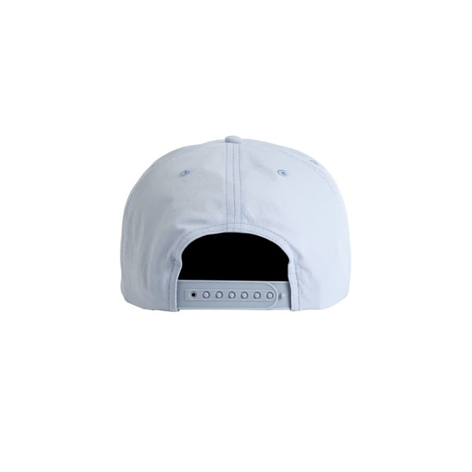 A light blue cap with a flat brim and adjustable strap at the back, featuring a logo.