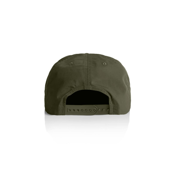 A cap in dark green with a snapback closure and ventilation holes at the back. It features a logo.