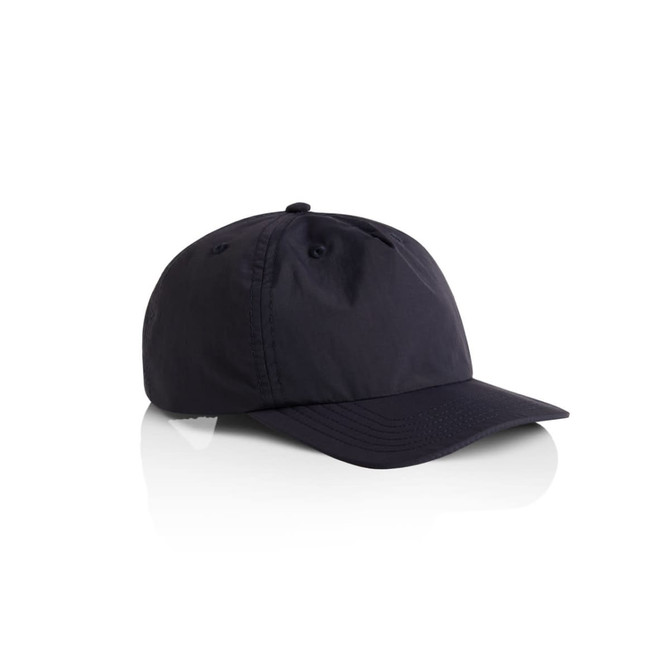 A black cap with a curved brim, featuring a logo on the front and several ventilation holes.
