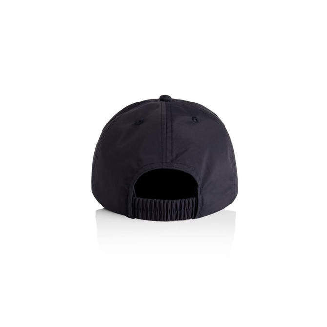 A black cap featuring a branded logo, showing the back view with an adjustable strap.
