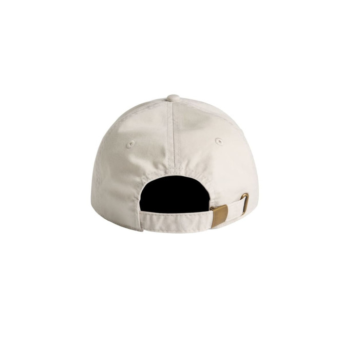 A light beige cap with a back strap and a logo. The design is simple and unstructured.