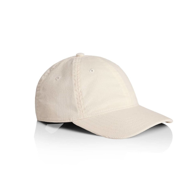 A beige cap with a curved peak and stitched detailing, featuring a logo on the front.