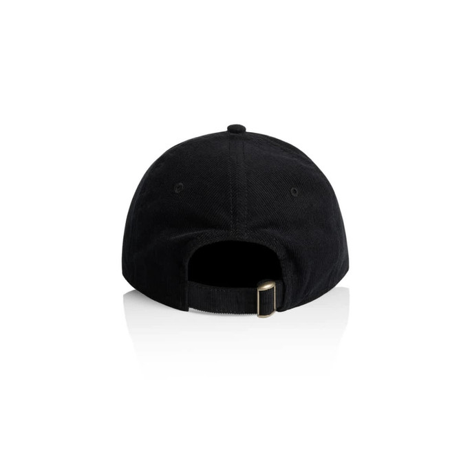 A black cord cap featuring an adjustable strap at the back. It has a branded logo.