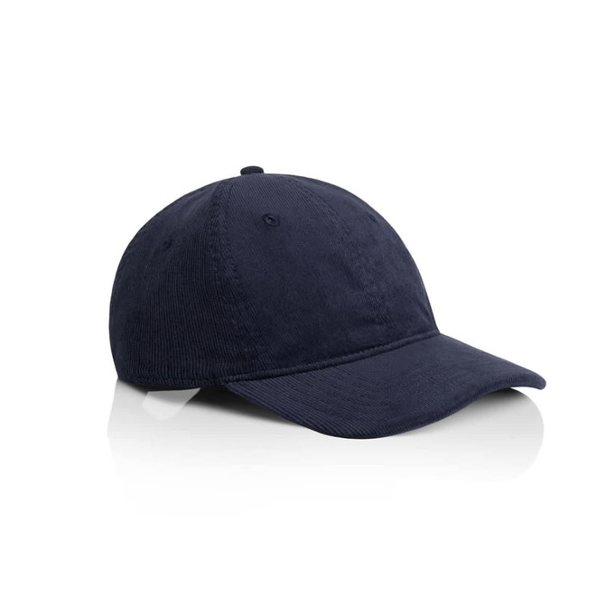 A navy blue cap with a curved brim and an adjustable strap at the back, featuring a logo.