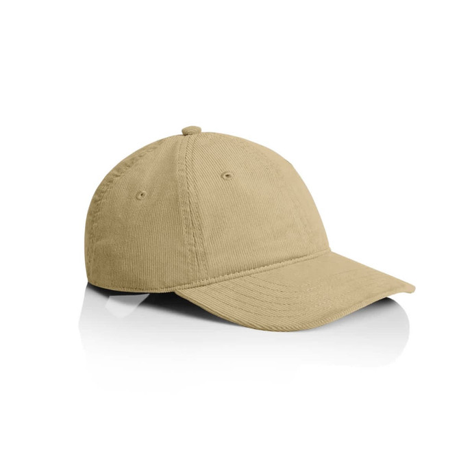 A beige cord cap with a curved peak and a logo on the front. The fabric has a textured appearance.