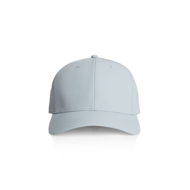 A light blue nylon cap with a curved brim and branding on the front.