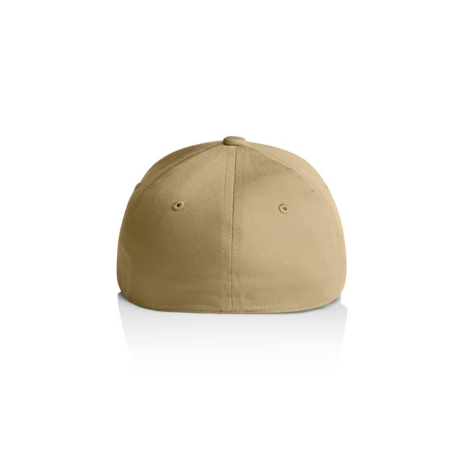A beige cap with a rounded, flat back and ventilation holes. It features a logo on the side.