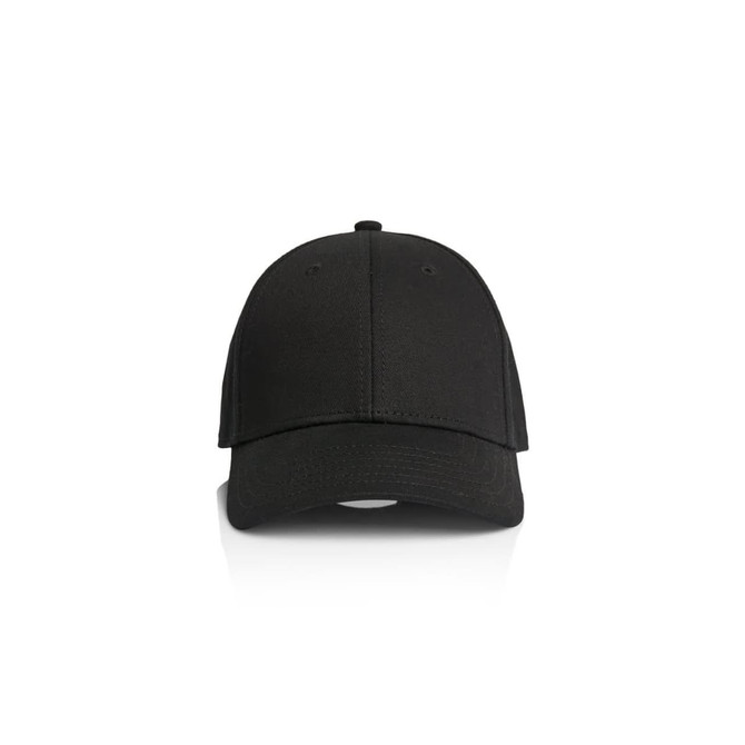 A black cap with a rounded peak and an adjustable strap at the back. It features a logo on the front.