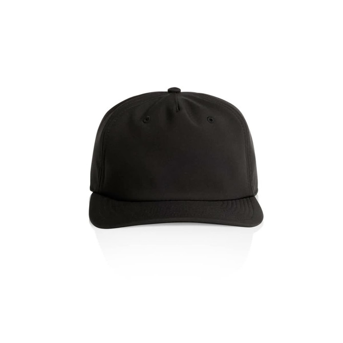 A black cap with a slightly curved brim and a plain design, featuring a logo on the front.