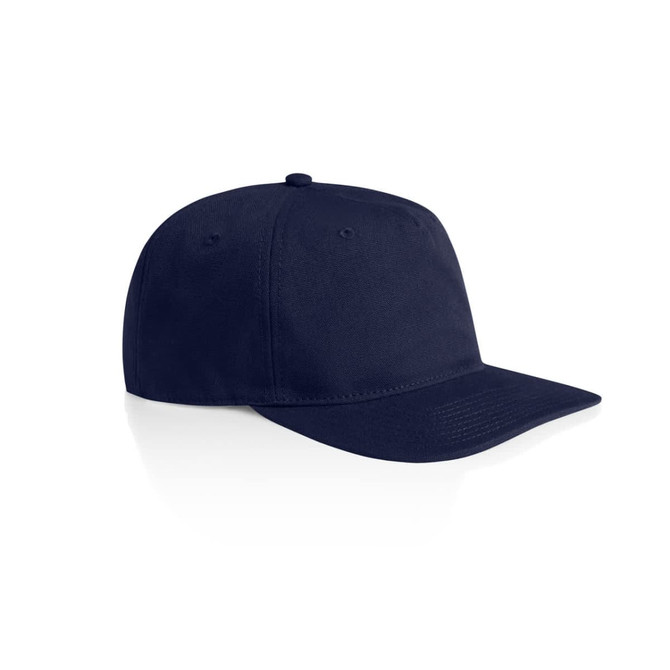 A navy cap with a structured design and a curved brim, featuring a logo on the front.