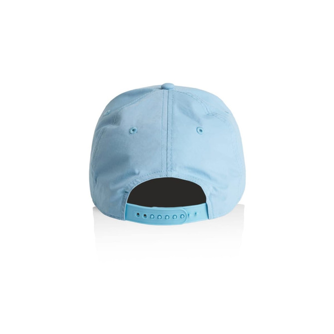 A light blue cap with a snapback adjustable closure at the rear and a logo on the side.