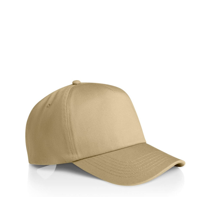 A beige cap with a structured design and a curved brim, featuring a logo on the front.