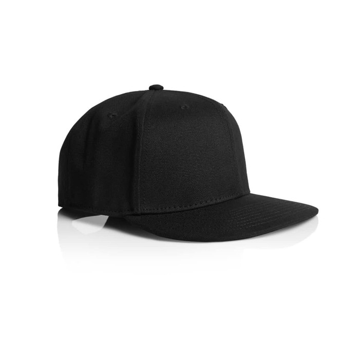 A black cap with a flat brim and six-panel design, featuring a logo on the front.